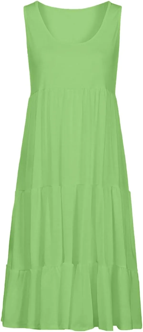 Women Plus Size Tank Dress Sleeveless Crew Neck Pleated Beach Mini Dresses Ruffle Tiered Flowy Summer Sundresses