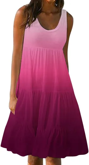 Women Plus Size Tank Dress Sleeveless Crew Neck Pleated Beach Mini Dresses Ruffle Tiered Flowy Summer Sundresses