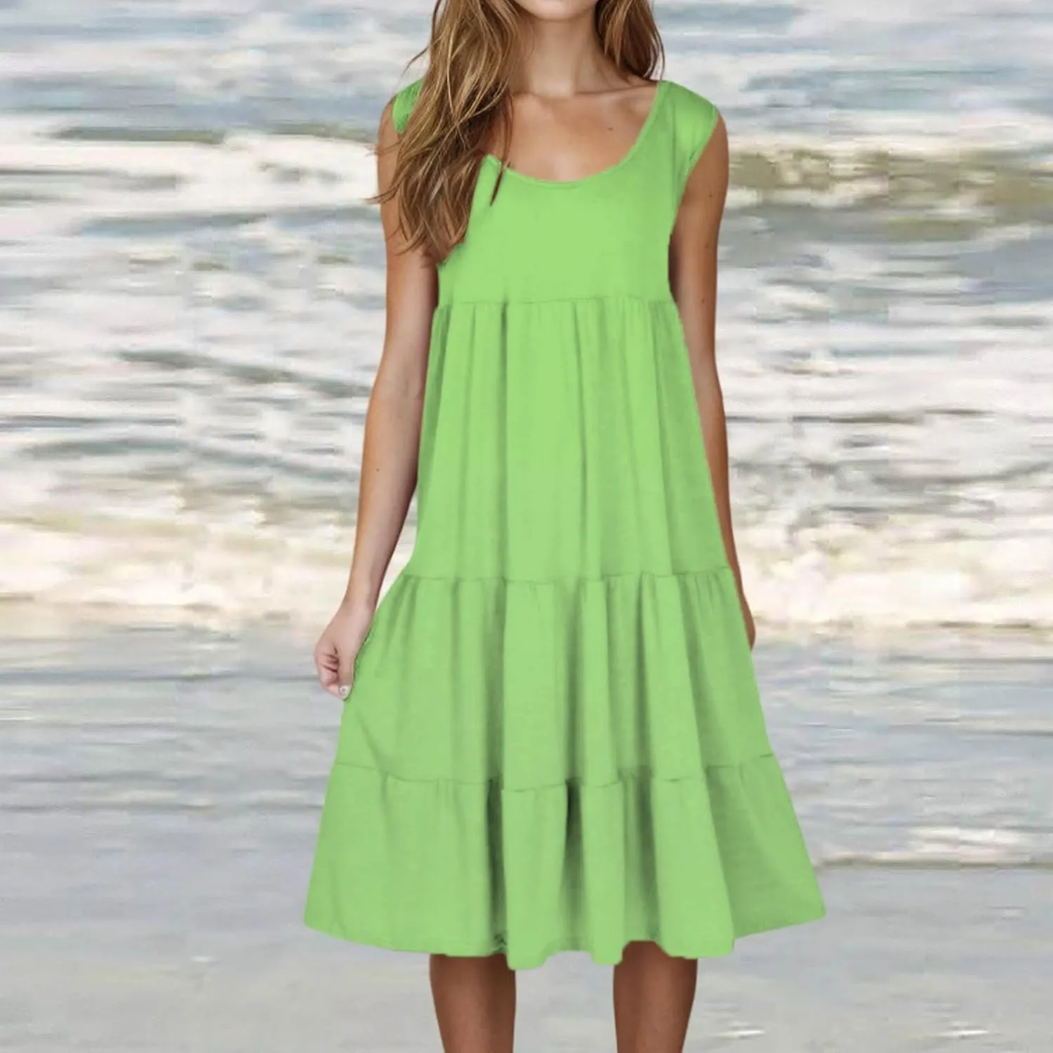 Women Plus Size Tank Dress Sleeveless Crew Neck Pleated Beach Mini Dresses Ruffle Tiered Flowy Summer Sundresses