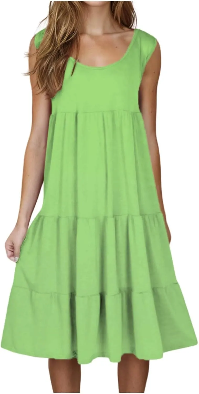 Women Plus Size Tank Dress Sleeveless Crew Neck Pleated Beach Mini Dresses Ruffle Tiered Flowy Summer Sundresses