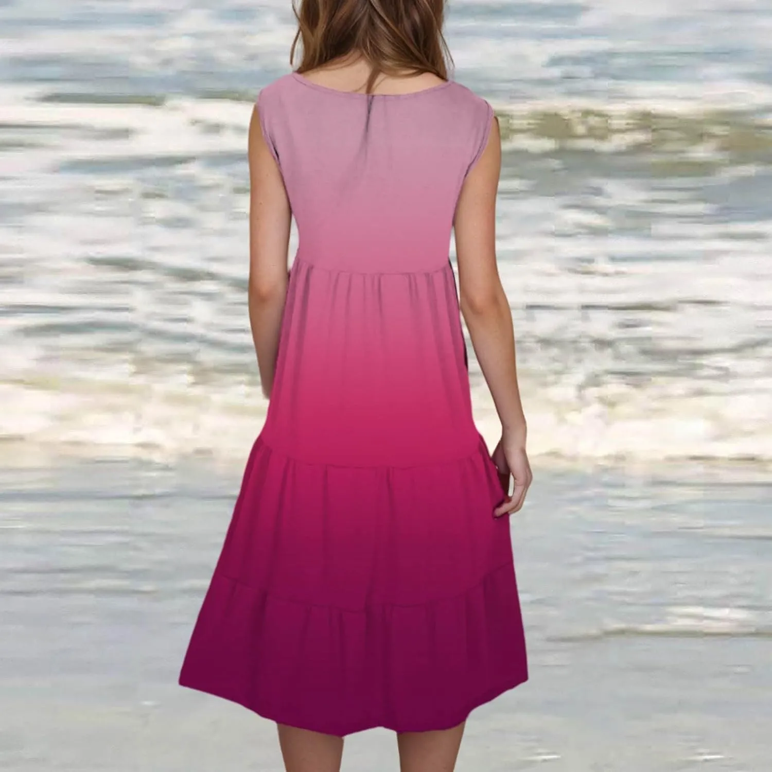 Women Plus Size Tank Dress Sleeveless Crew Neck Pleated Beach Mini Dresses Ruffle Tiered Flowy Summer Sundresses