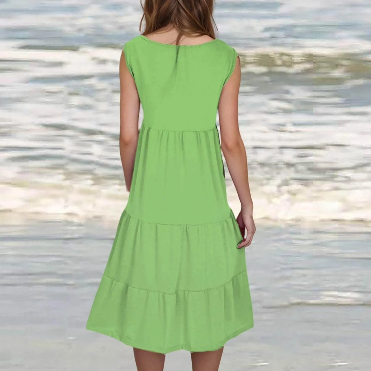 Women Plus Size Tank Dress Sleeveless Crew Neck Pleated Beach Mini Dresses Ruffle Tiered Flowy Summer Sundresses