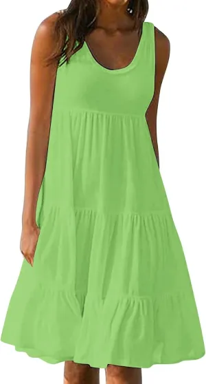 Women Plus Size Tank Dress Sleeveless Crew Neck Pleated Beach Mini Dresses Ruffle Tiered Flowy Summer Sundresses