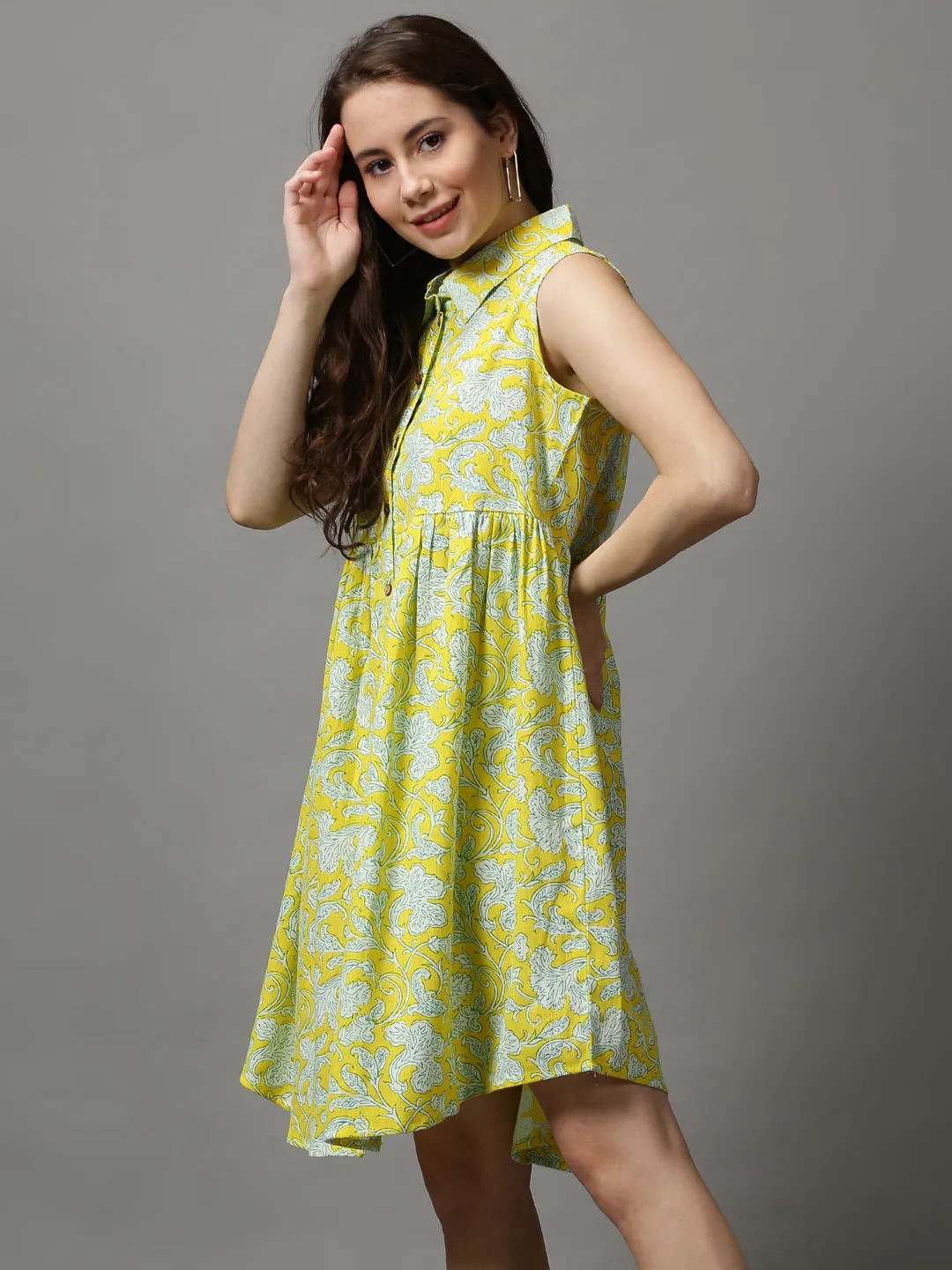 Women Printed Empire Yellow Dress
