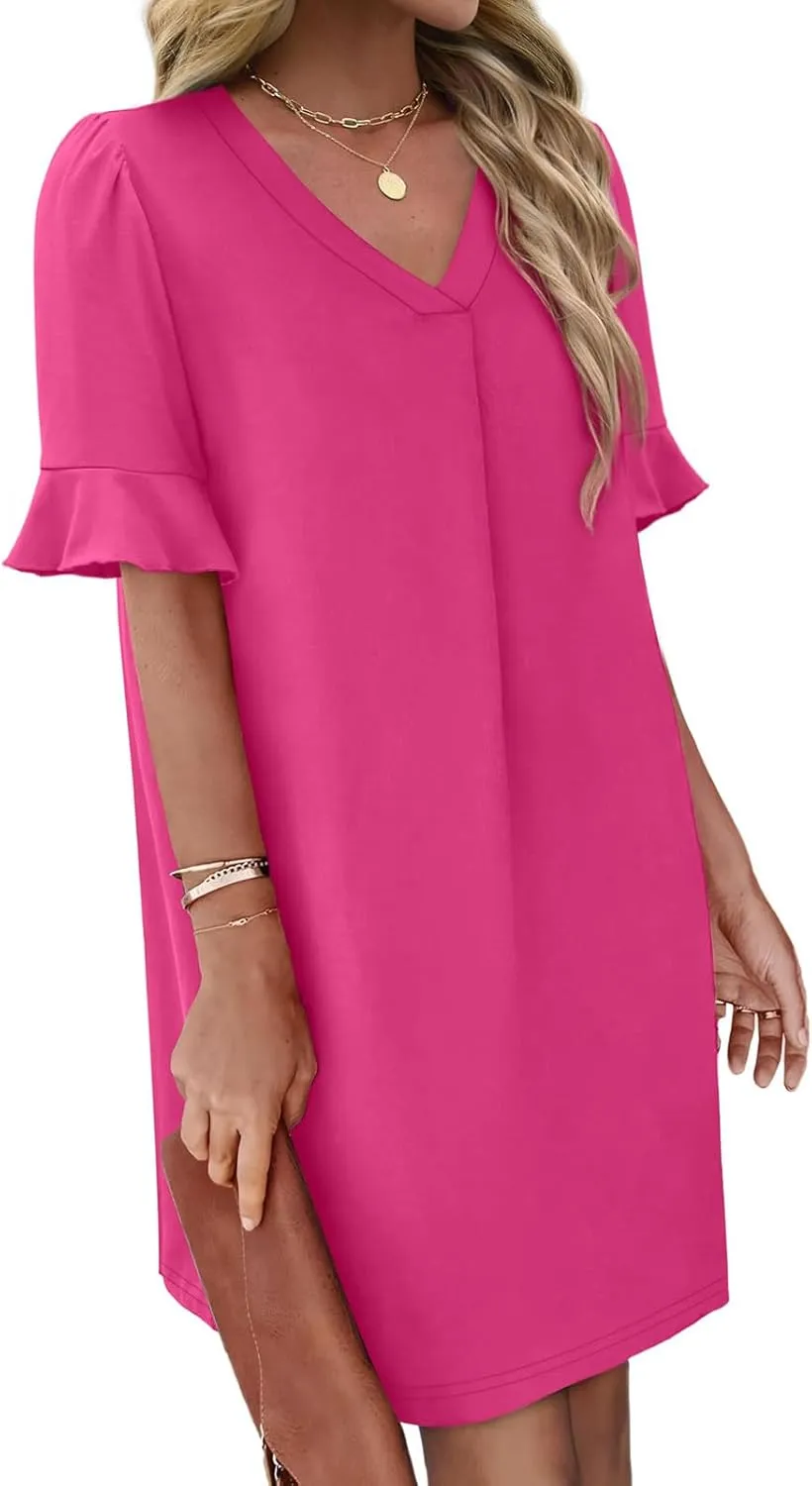 Women Ruffle Short Sleeve Mini Dress Summer V Neck Pleated Dresses Dressy Casual Business Short Dresses with Pocket