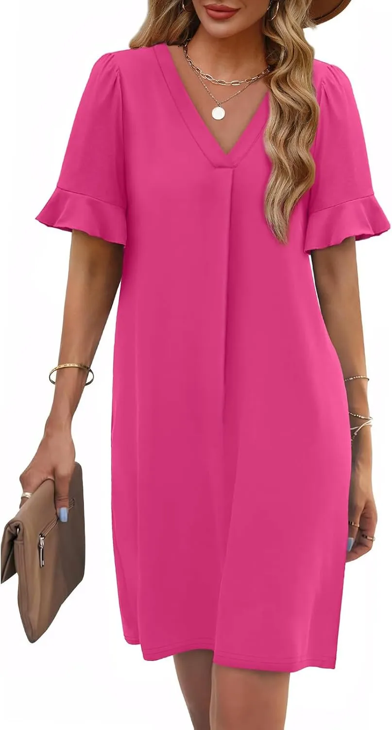 Women Ruffle Short Sleeve Mini Dress Summer V Neck Pleated Dresses Dressy Casual Business Short Dresses with Pocket