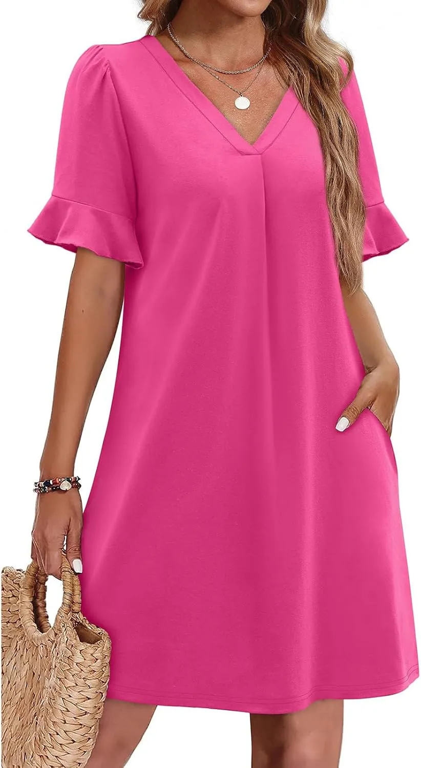 Women Ruffle Short Sleeve Mini Dress Summer V Neck Pleated Dresses Dressy Casual Business Short Dresses with Pocket