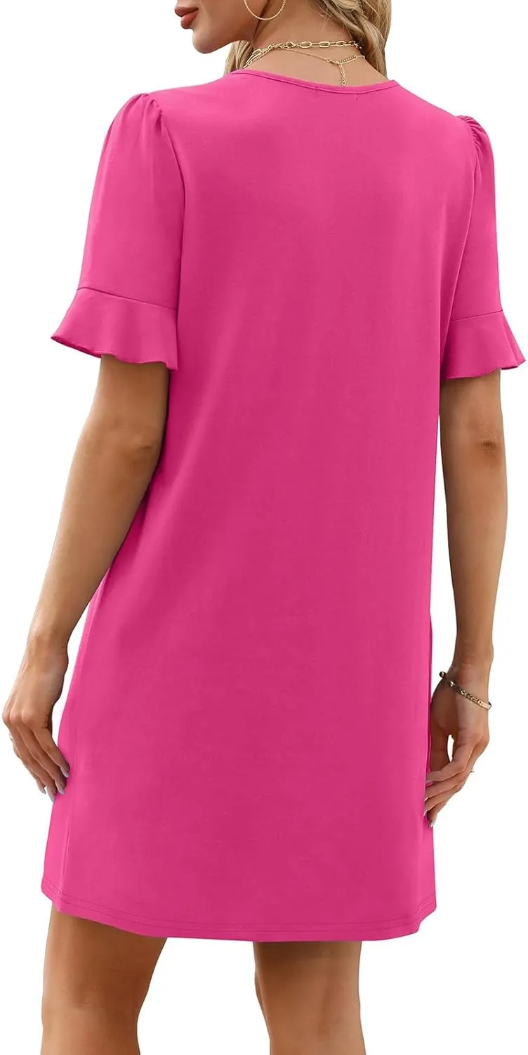 Women Ruffle Short Sleeve Mini Dress Summer V Neck Pleated Dresses Dressy Casual Business Short Dresses with Pocket