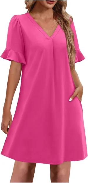 Women Ruffle Short Sleeve Mini Dress Summer V Neck Pleated Dresses Dressy Casual Business Short Dresses with Pocket
