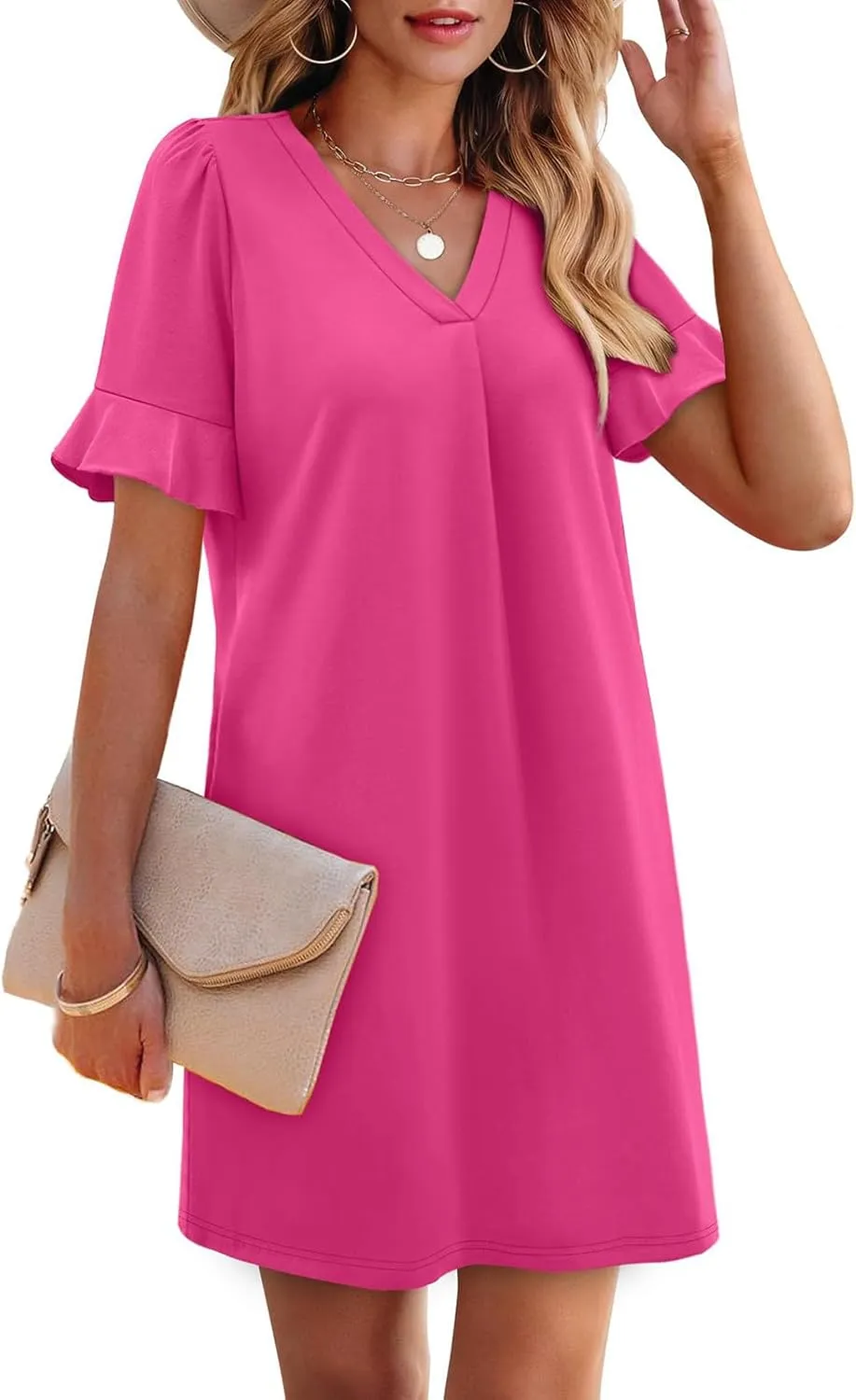 Women Ruffle Short Sleeve Mini Dress Summer V Neck Pleated Dresses Dressy Casual Business Short Dresses with Pocket