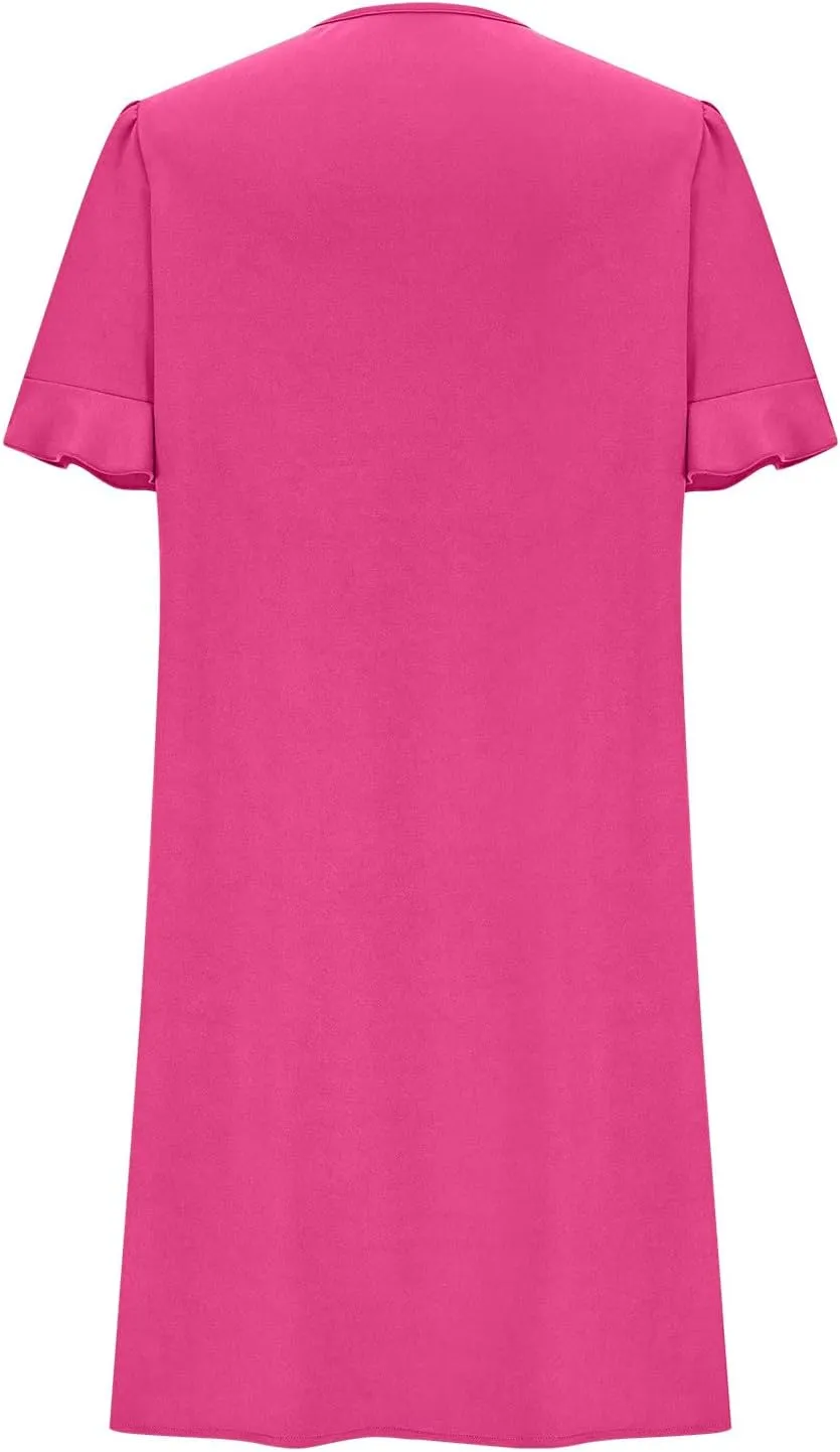 Women Ruffle Short Sleeve Mini Dress Summer V Neck Pleated Dresses Dressy Casual Business Short Dresses with Pocket