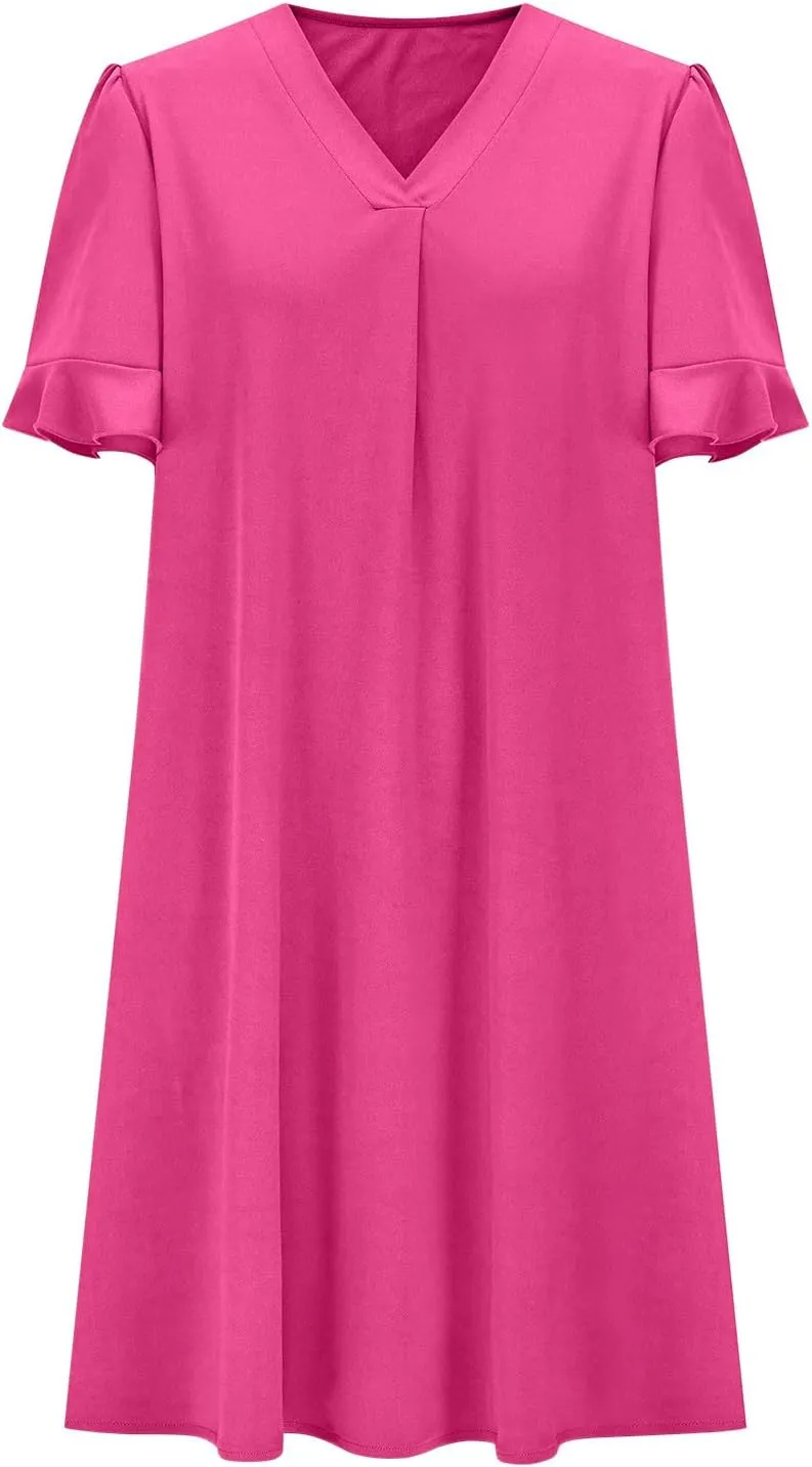 Women Ruffle Short Sleeve Mini Dress Summer V Neck Pleated Dresses Dressy Casual Business Short Dresses with Pocket