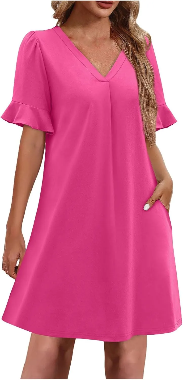 Women Ruffle Short Sleeve Mini Dress Summer V Neck Pleated Dresses Dressy Casual Business Short Dresses with Pocket