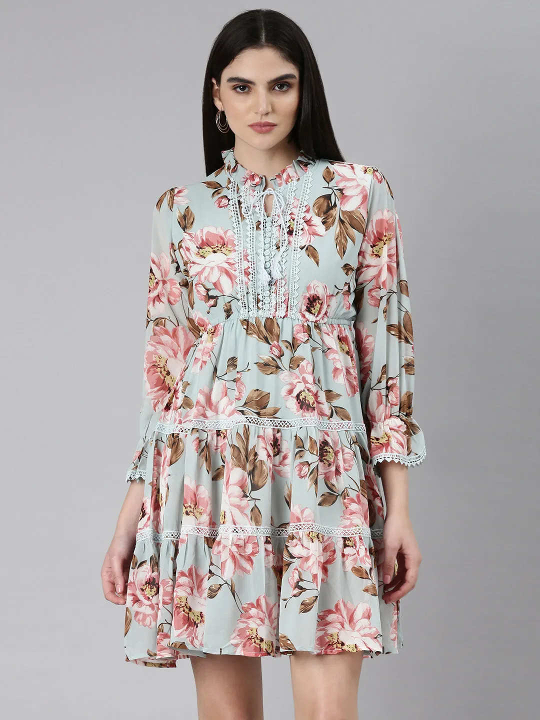 Women Sea Green Floral Fit and Flare Dress