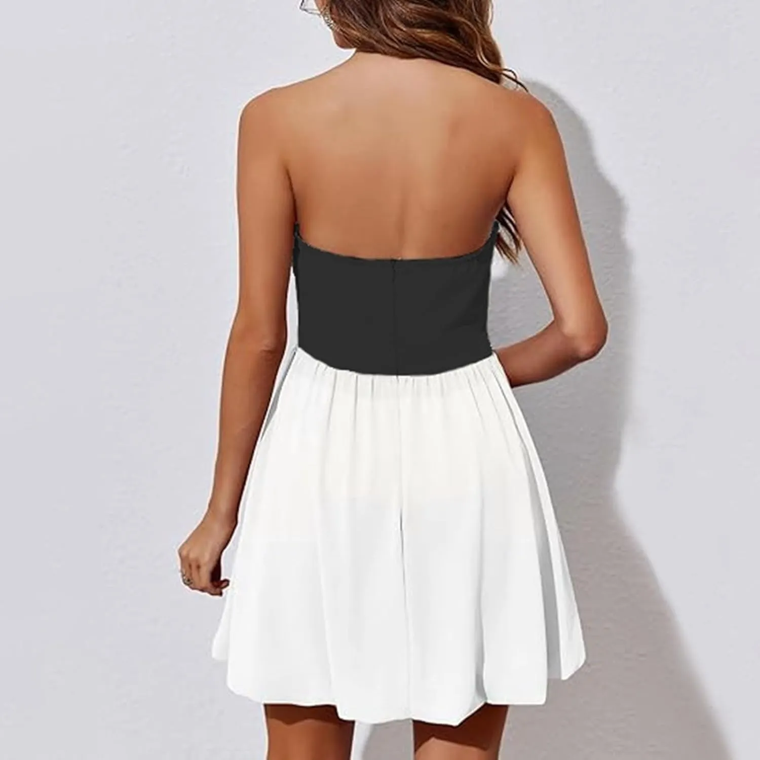 Women Sexy Ruched Strapless Tube Mini Dress Sleeveless Backless Tiered Layered Ruffle Hem A-Line Short Dress