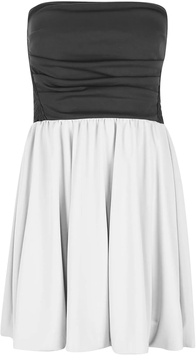 Women Sexy Ruched Strapless Tube Mini Dress Sleeveless Backless Tiered Layered Ruffle Hem A-Line Short Dress