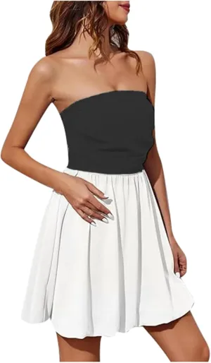 Women Sexy Ruched Strapless Tube Mini Dress Sleeveless Backless Tiered Layered Ruffle Hem A-Line Short Dress