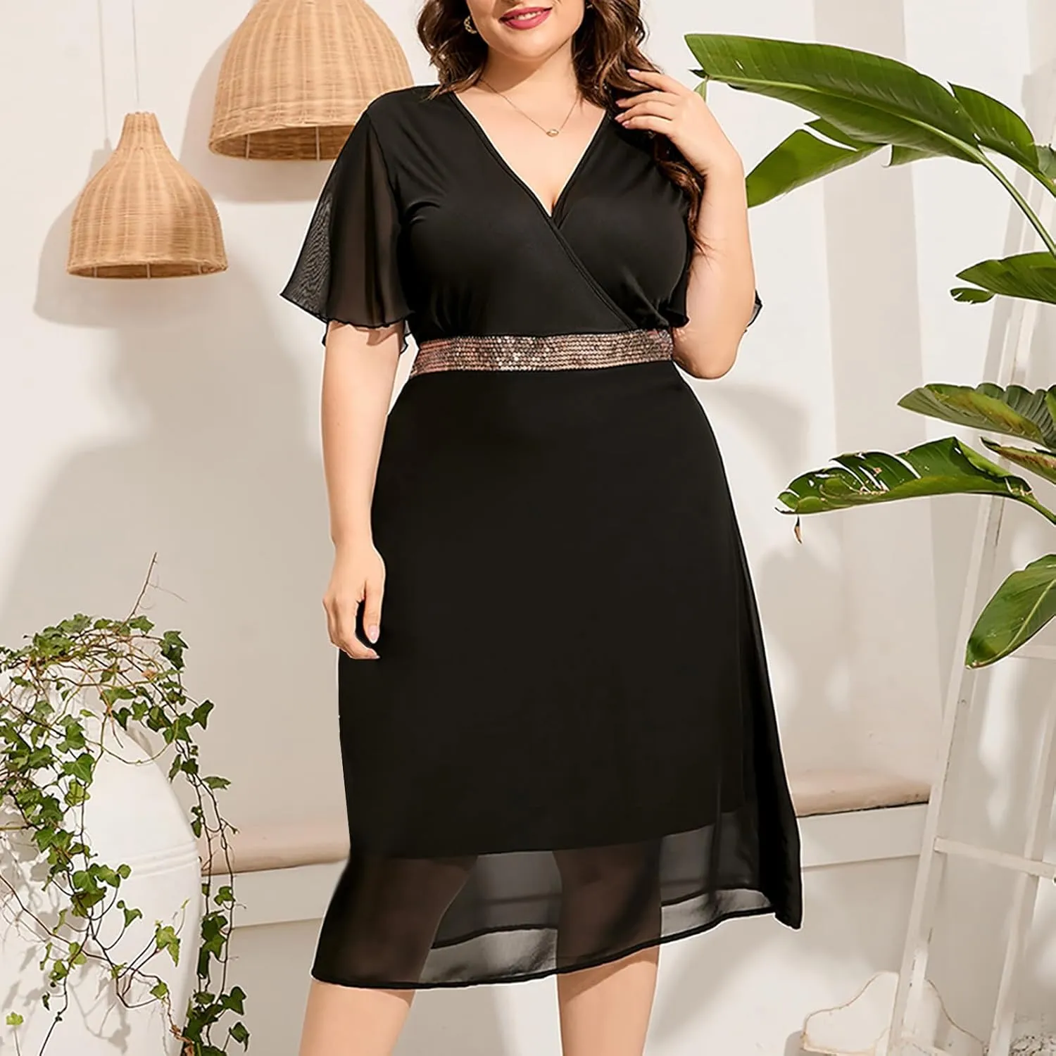 Women Summer Plus Size Midi Dresses V Neck Ruffle Sleeve Mesh Patchwork Swing Hem Fashion Flowy Vacation Dress