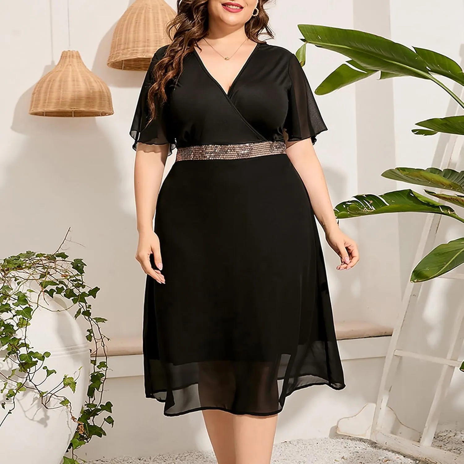 Women Summer Plus Size Midi Dresses V Neck Ruffle Sleeve Mesh Patchwork Swing Hem Fashion Flowy Vacation Dress