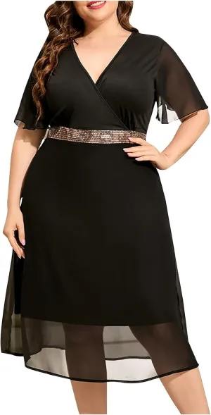 Women Summer Plus Size Midi Dresses V Neck Ruffle Sleeve Mesh Patchwork Swing Hem Fashion Flowy Vacation Dress
