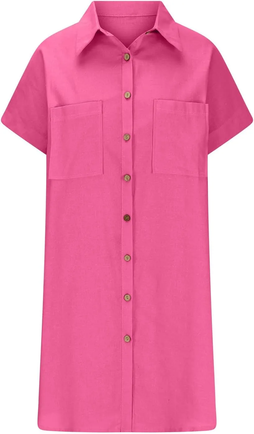 Womens Button Down Shirt Dress Summer Cotton Linen Dress V Neck Mini Dress Casual Short Sleeve Beach Tunic Dresses