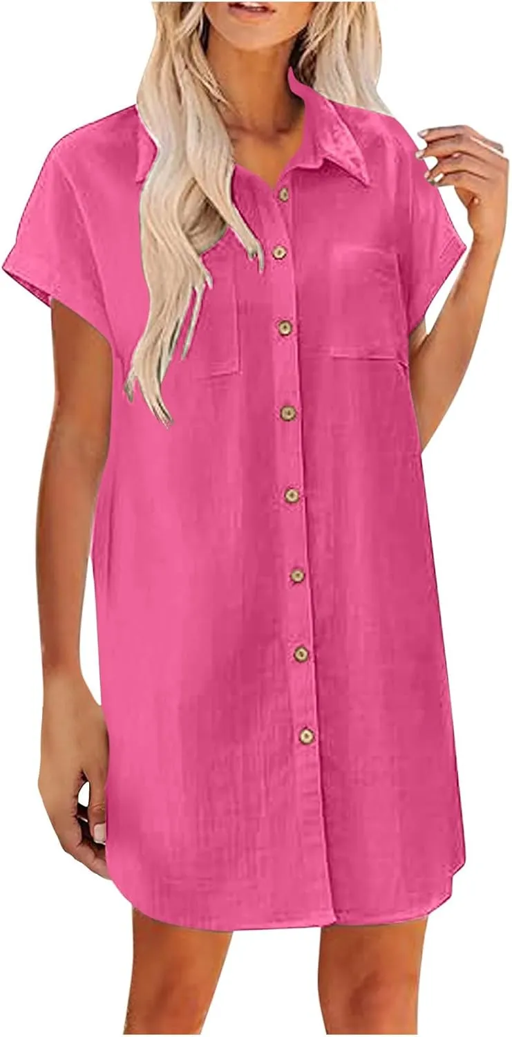 Womens Button Down Shirt Dress Summer Cotton Linen Dress V Neck Mini Dress Casual Short Sleeve Beach Tunic Dresses