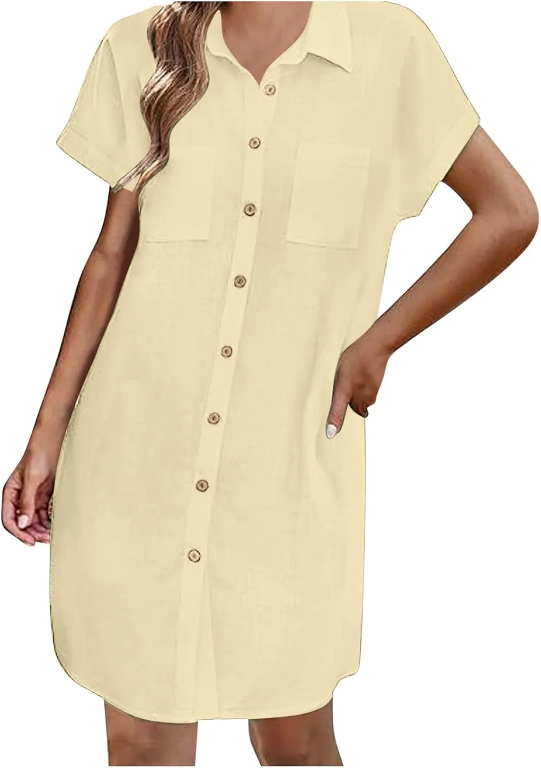 Womens Button Down Shirt Dress Summer Cotton Linen Dress V Neck Mini Dress Casual Short Sleeve Beach Tunic Dresses