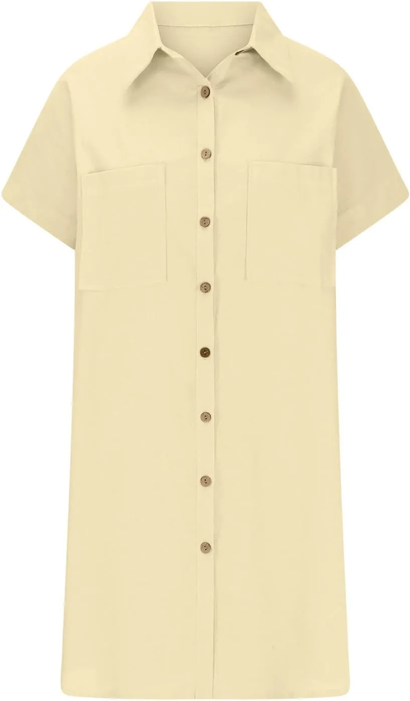 Womens Button Down Shirt Dress Summer Cotton Linen Dress V Neck Mini Dress Casual Short Sleeve Beach Tunic Dresses