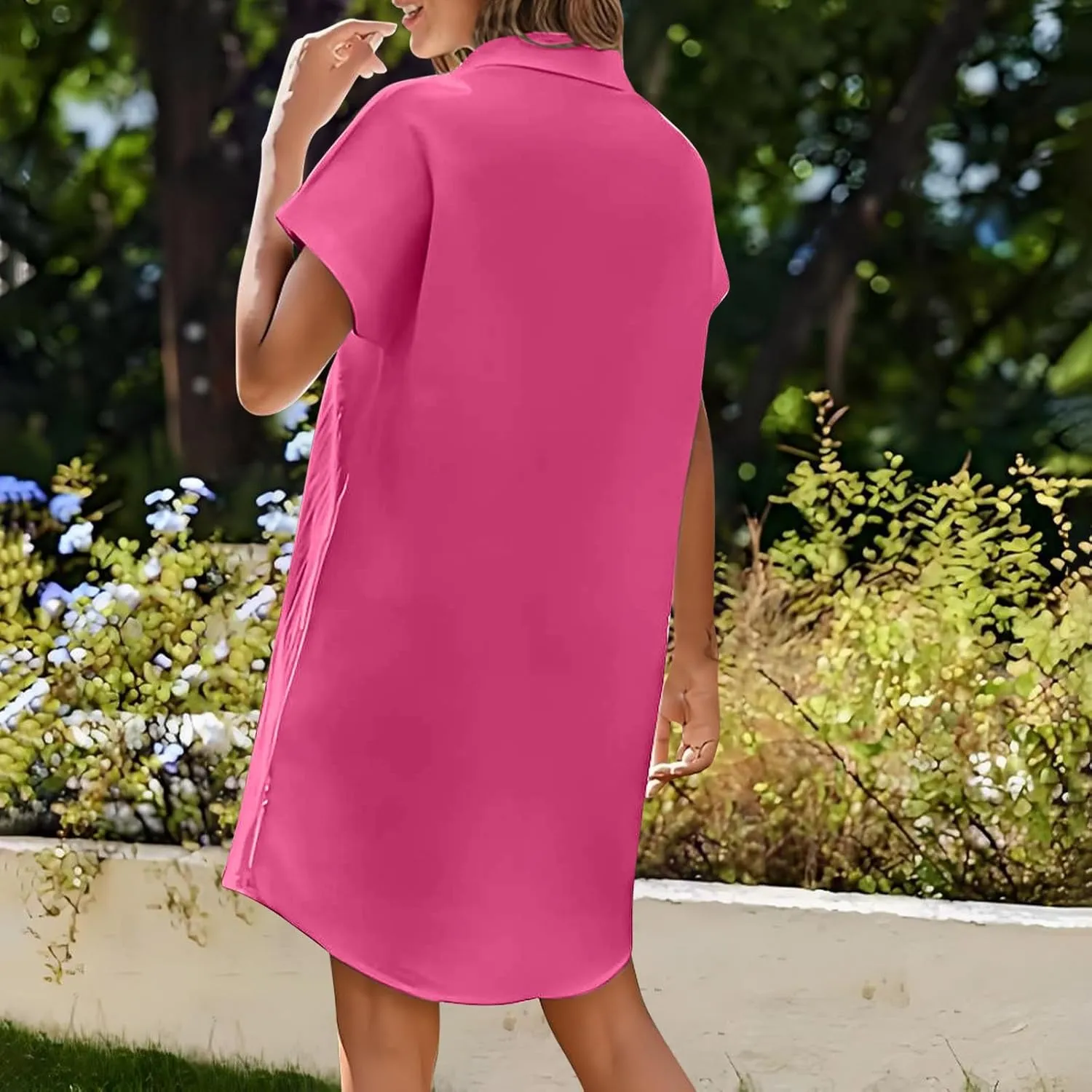 Womens Button Down Shirt Dress Summer Cotton Linen Dress V Neck Mini Dress Casual Short Sleeve Beach Tunic Dresses