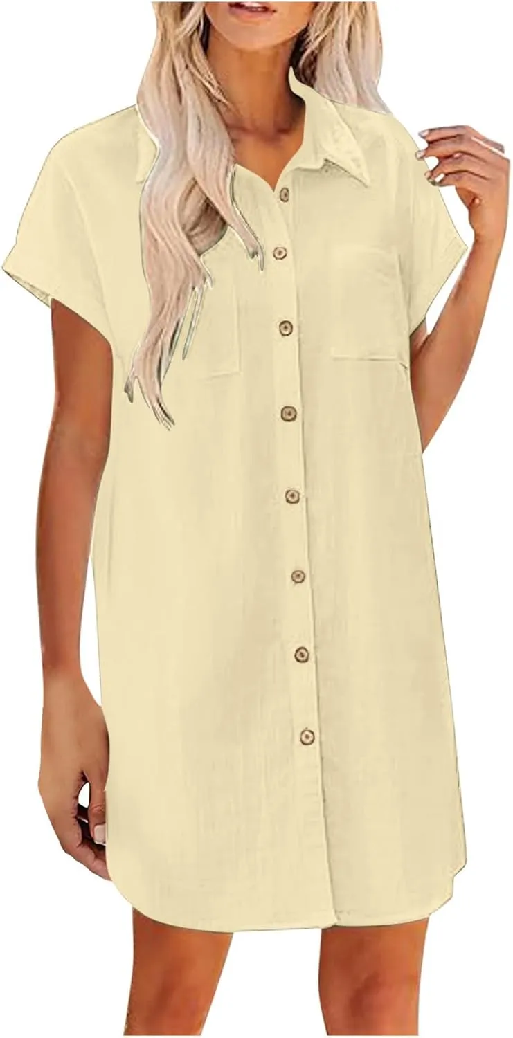 Womens Button Down Shirt Dress Summer Cotton Linen Dress V Neck Mini Dress Casual Short Sleeve Beach Tunic Dresses
