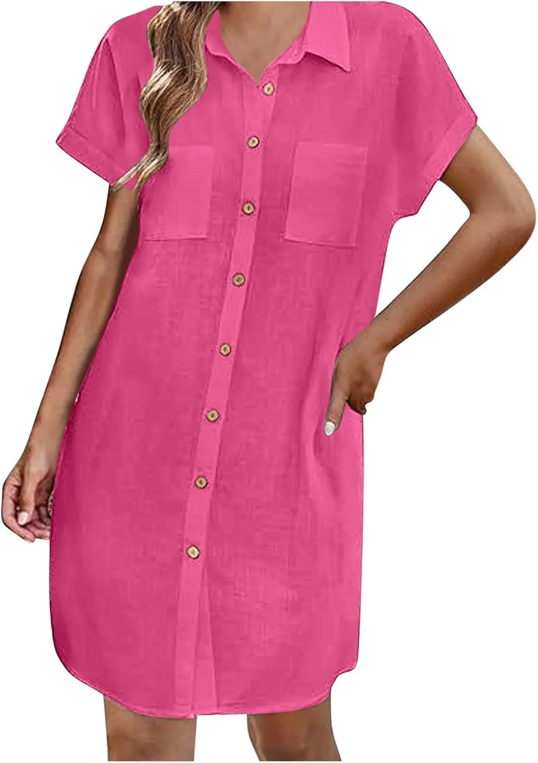 Womens Button Down Shirt Dress Summer Cotton Linen Dress V Neck Mini Dress Casual Short Sleeve Beach Tunic Dresses