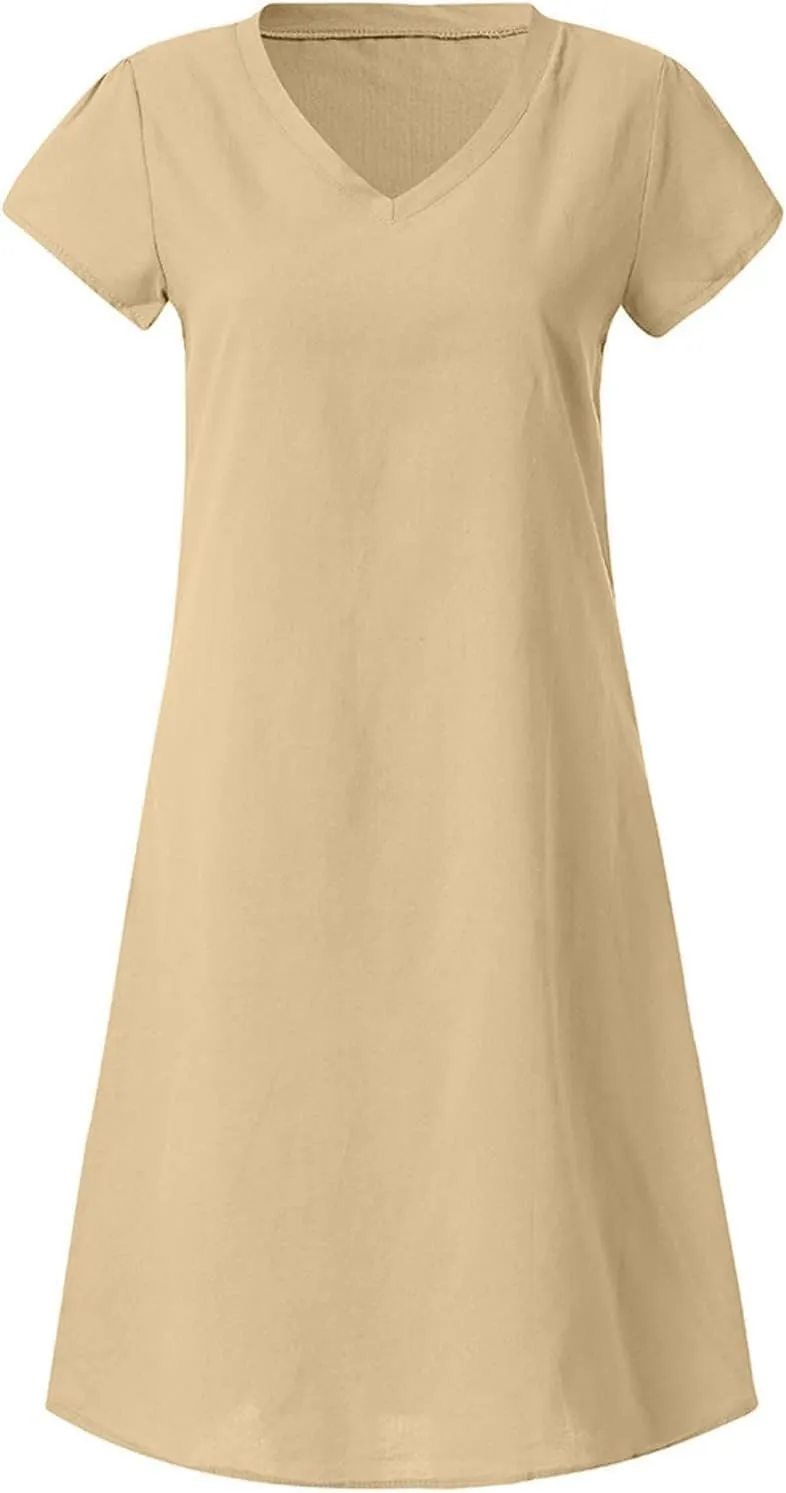 Womens Cotton Linen Midi Dresses Casual Short Sleeve Plain Knee Length Dress Elegant V Neck Loose Flowy Boho Dress
