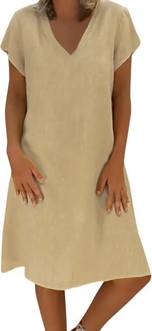 Womens Cotton Linen Midi Dresses Casual Short Sleeve Plain Knee Length Dress Elegant V Neck Loose Flowy Boho Dress