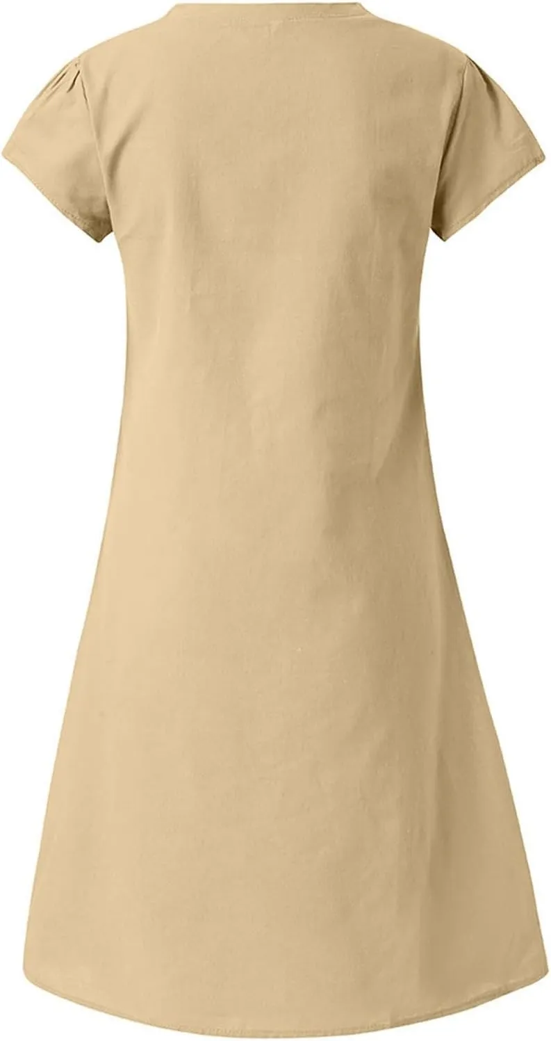 Womens Cotton Linen Midi Dresses Casual Short Sleeve Plain Knee Length Dress Elegant V Neck Loose Flowy Boho Dress