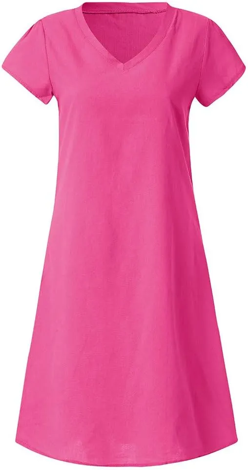 Women's Cotton Linen Midi Dresses V Neck Short Sleeve Plus Size Summer Dress Casual Beach Sundress Vacation Clothes 2025
