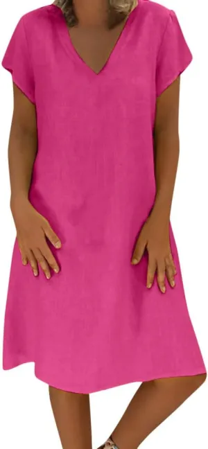 Women's Cotton Linen Midi Dresses V Neck Short Sleeve Plus Size Summer Dress Casual Beach Sundress Vacation Clothes 2025