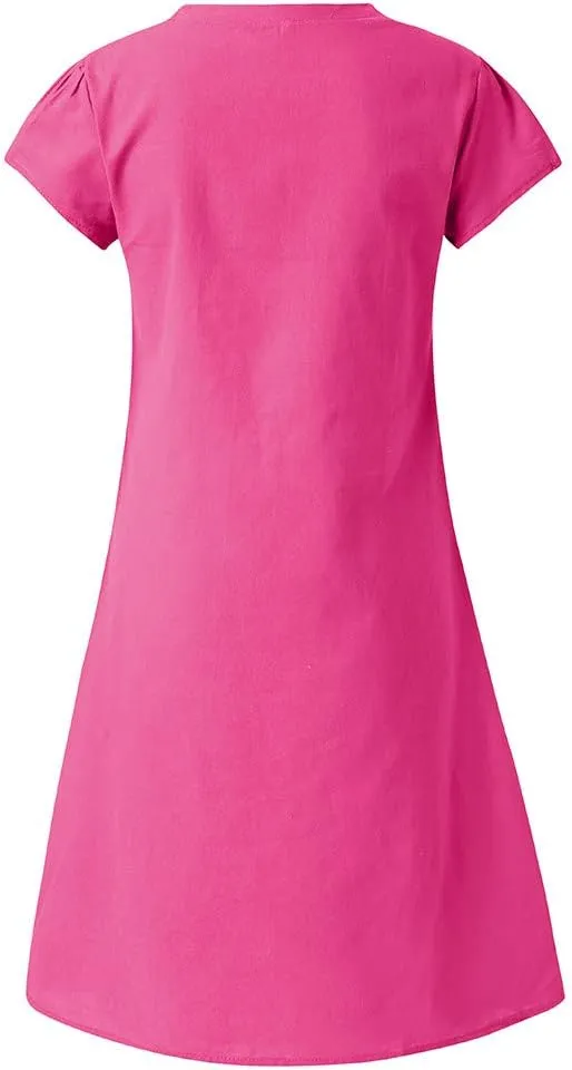 Women's Cotton Linen Midi Dresses V Neck Short Sleeve Plus Size Summer Dress Casual Beach Sundress Vacation Clothes 2025