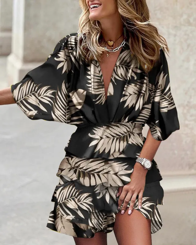 Women's Dolman Sleeve V-Neck Vibrant Print Ruffle Dress