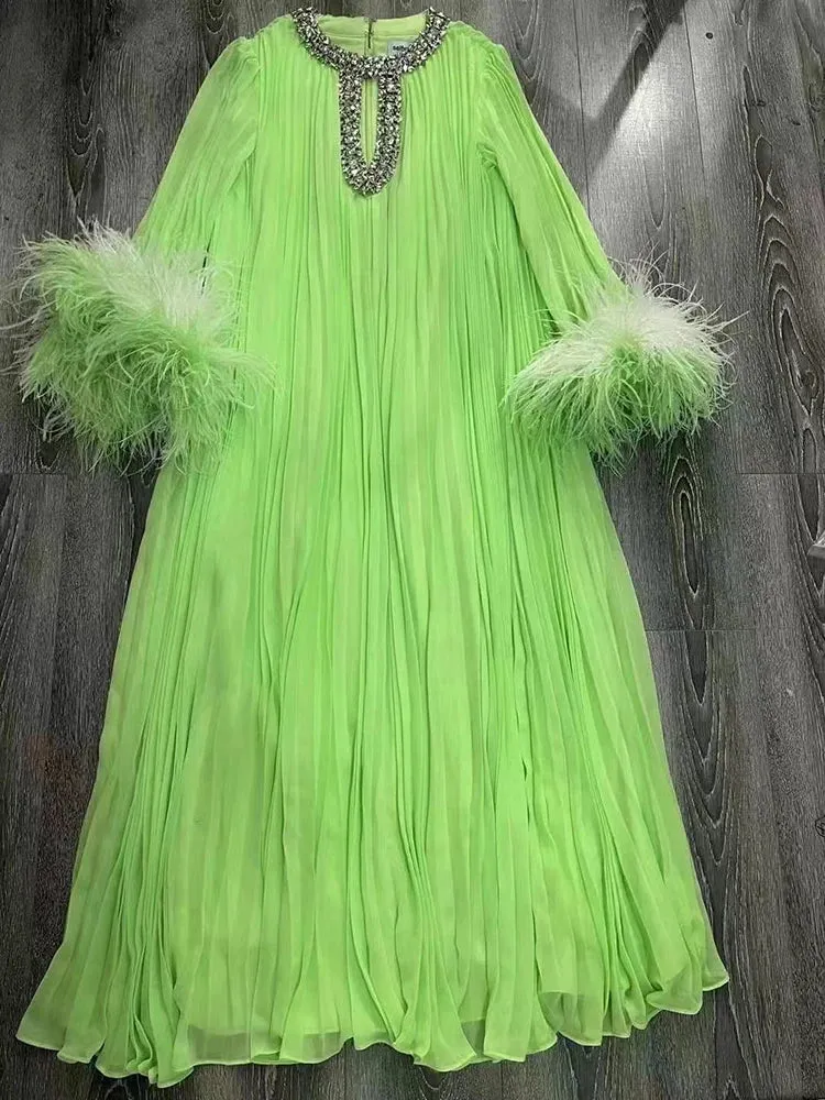 Women's Pleated Rhinestone Feather Midi Dress