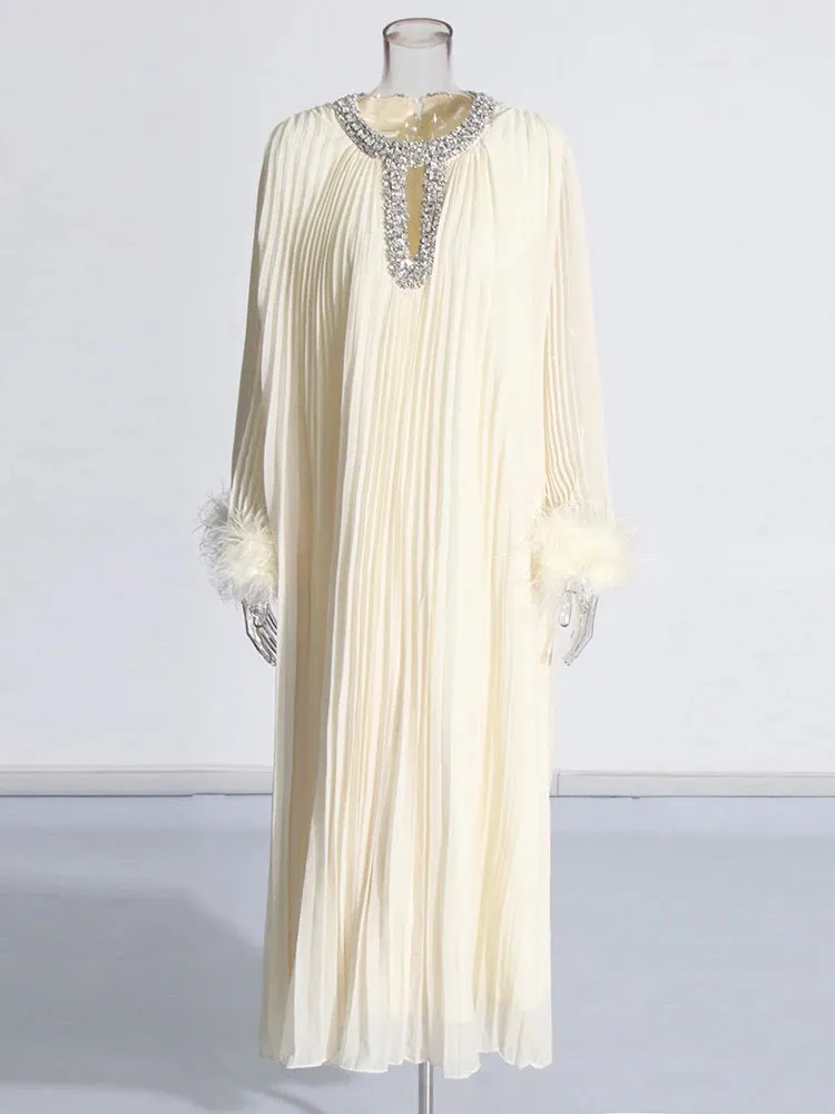 Women's Pleated Rhinestone Feather Midi Dress