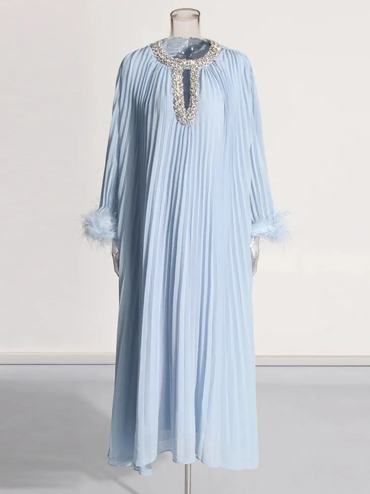 Women's Pleated Rhinestone Feather Midi Dress
