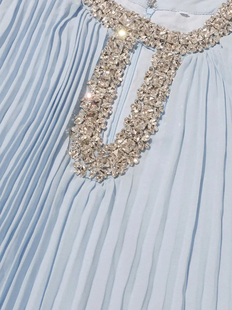 Women's Pleated Rhinestone Feather Midi Dress