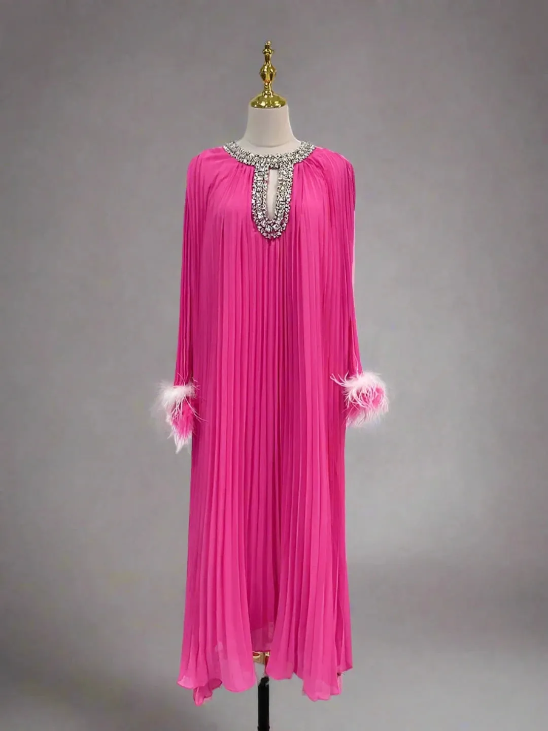 Women's Pleated Rhinestone Feather Midi Dress