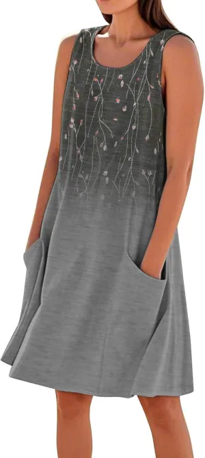 Women's Spring Dresses Round Neck Sleeveless Summer Sundresses Knee Length Tank with Pockets Vacation Dresses