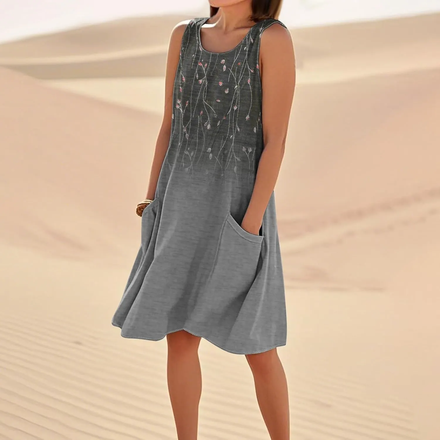 Women's Spring Dresses Round Neck Sleeveless Summer Sundresses Knee Length Tank with Pockets Vacation Dresses